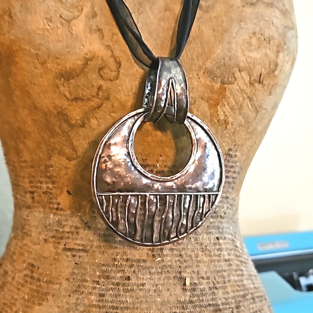 80s silver artisan necklace black ribbon cords